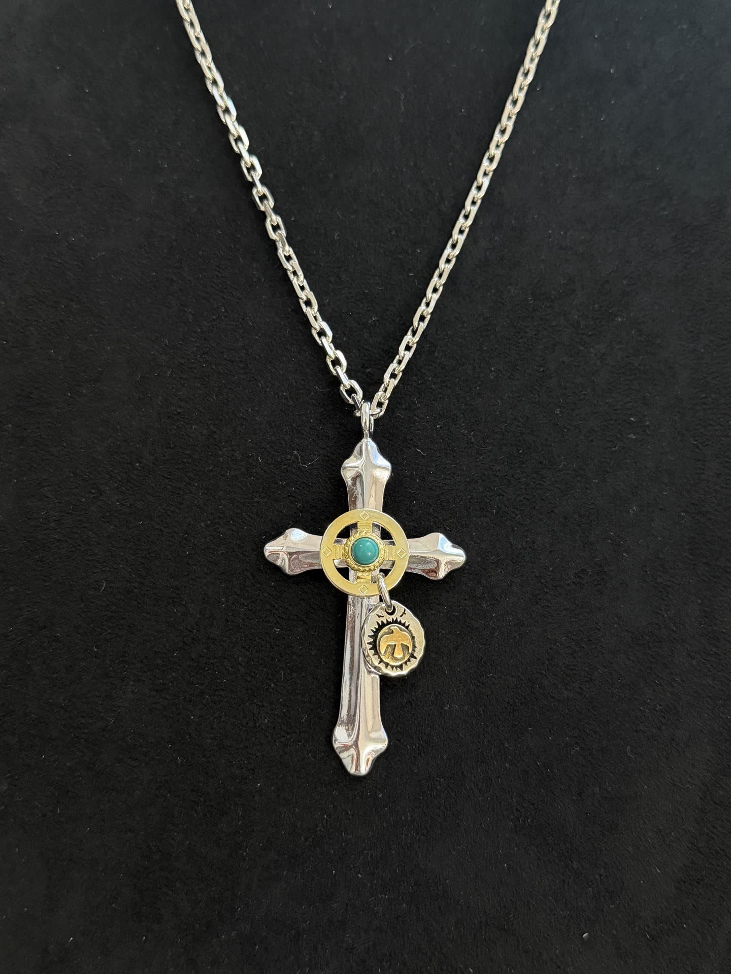 Chrome Hearts Silver Cross Pendant with Turquoise and Gold Accents